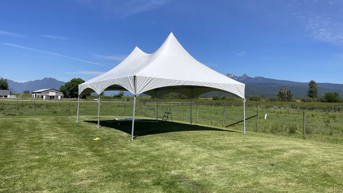 A two-peak white frame tent staked on an Abbotsford farm field with mountains behind