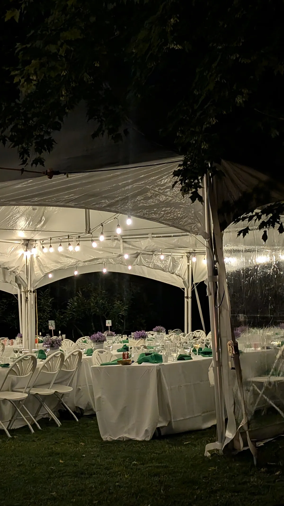 Night marquee with bistro lighting, banquet tables, green napkins, and white fanback chairs