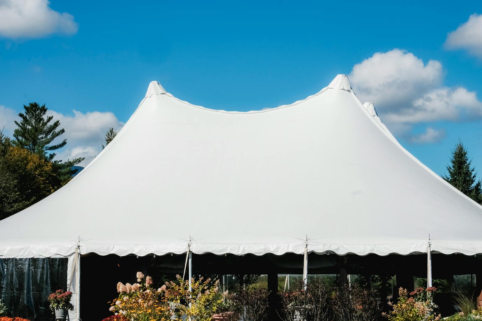 A clean white marquee tent set against a vibrant blue sky over open Fraser Valley grass